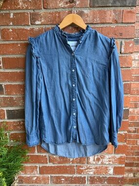 Lola River Denim Button-Up Ruffle Accents Blouse